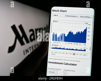 Person, die ein Mobiltelefon mit einer Webseite des US-amerikanischen Hotelunternehmens Marriott International Inc. Auf dem Bildschirm mit Logo hält. Konzentrieren Sie sich auf die Mitte des Telefondisplays. Stockfoto