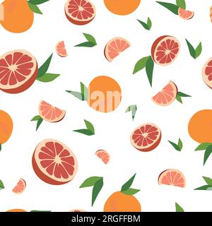 Nahtloses Vektor-Grapefruitmuster. Flacher Sommerhintergrund. Tropische Früchte isoliert auf weißem Hintergrund. Design-Kunst für Picknickdecke, Badeanzug. Stock Vektor