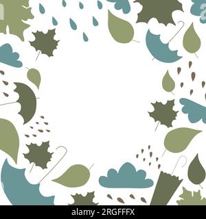 Rainy Frame with Space for text. Vector flat illustration with Rain, Umbrella and Leaves. Autumn green and Blue weather border with Blank Copy space Stock Vektor