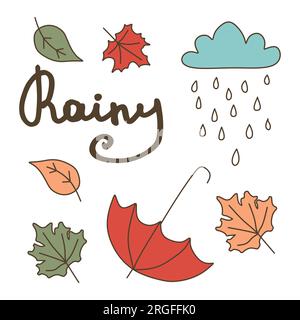 Herbst regnerisch mit Text. Vektorsammlung von saisonalen Elementen isoliert auf weiß. Jahreszeitschilderung mit fallenden Blättern, Wolken, Regen, Regenschirm Stock Vektor