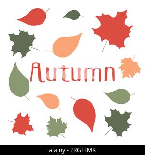 Autumn Leaves flat set with text or lettering. Vector Cartoon collection of seasonal Design elements isolated on white. Autumnal fall foliage. Stock Vektor