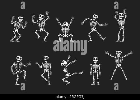 Skeletons dancing with different positions flat style design vector illustration set. Funny dancing Halloween or Day of the dead skeletons collection. Stock Vektor