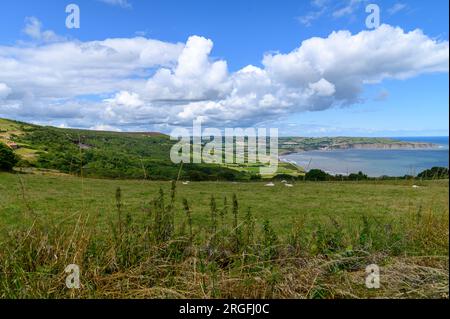 Ein Blick über Robin Hood's Bay von Ravenscar in Yorkshire im August 2023 Stockfoto