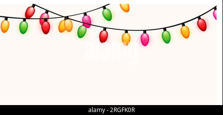 Garland aus mehrfarbigen Glühbirnen. Glückwunschhintergrund mit Platz für Text. Vektor-Weihnachtsgirlande. EPS 10. Stock Vektor