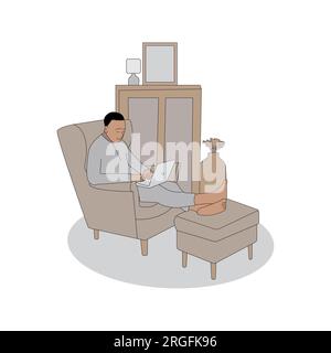 Mann sitzt zu Hause auf der Couch und benutzt einen Laptop Stock Vektor