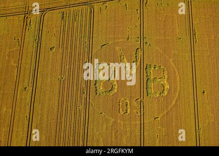 Luftaufnahme, Symbole und Schilder in einem Feld, BVB-Logo, Bönninghauser Straße, Hostedde, Dortmund, Ruhrgebiet, Nordrhein-Westfalen, Deutschland Stockfoto