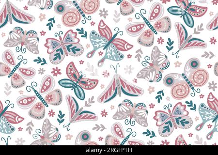 Schmetterlinge, Blumen, Laub und Kräuter, nahtloses Muster. Handgezeichneter botanischer wunderschöner Hintergrund. Femininer Blumendruck mit Motten für Textilien Stock Vektor