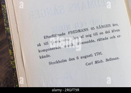 Alte Bücher, Fredmans sånger (auf Englisch: Fredmans Songs oder Songs von Fredman) ist eine Sammlung von 65 Gedichten und Songs, die 1791 vom schwedischen Dichter Carl Michael Bellman veröffentlicht wurden. Stockfoto