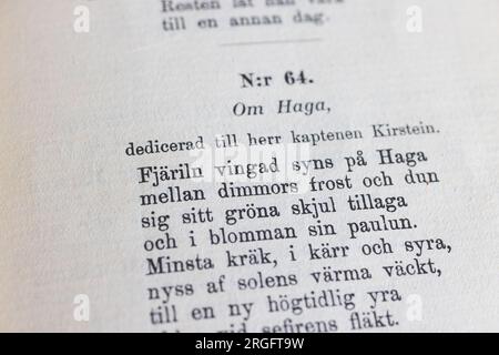 Alte Bücher, Fredmans sånger (auf Englisch: Fredmans Songs oder Songs von Fredman) ist eine Sammlung von 65 Gedichten und Songs, die 1791 vom schwedischen Dichter Carl Michael Bellman veröffentlicht wurden. Im Bild: Fjäril'n vingad syns på Haga (in englischer sprache: Der Schmetterling Wingèd ist in Haga zu sehen). Stockfoto