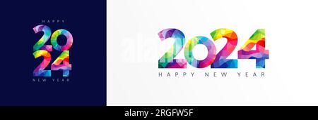 2024 Happy New Year – farbenfrohes Designkonzept mit facettierter Typografie. Weihnachtsgrüße mit Zahlen in Form von farbigem Buntglas. Vektorkarte Stock Vektor