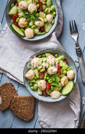 Sommersalat mit Gurke, Mini-Tomaten, Mini-Mozzarella und Sojabohnen auf hellblauem Holzhintergrund, Draufsicht Stockfoto