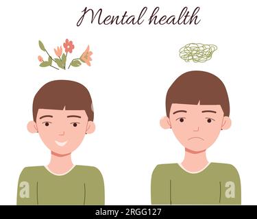 Psychisches Gesundheitskonzept trauriger und glücklicher Junge Stock Vektor