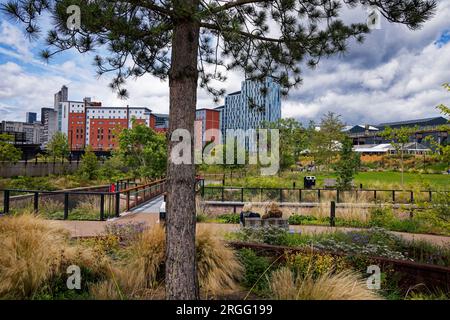 Zwei Frauen sitzen und genießen den Blick auf den Mayfield Park in Manchester, England. Stockfoto