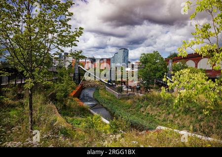 Der Fluss Medlock fließt durch den Mayfield Park in Manchester, England. Stockfoto