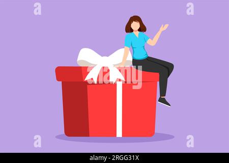 Eine flache Zeichentrickfigur, die Geschäftsfrau auf einer Geschenkbox zeichnet. Großes Geschenk-Konzept. Eine Frau, die auf einer großen Kiste sitzt, mit Geschenk. Eine glückliche Person bekommt ein großes Geschenk Stockfoto