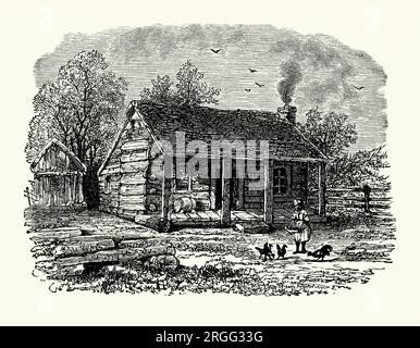 Eine alte Gravur der Blockhütte, der Heimat von Abraham Lincoln ab dem Alter von sieben Jahren (1816) bis zu seinem 12. Lebensjahr, in Gentryville im Süden von Indiana, USA Anfang der 1800er Jahre Es stammt aus einem amerikanischen Geschichtsbuch aus dem Jahr 1895. Indiana war ein „freies“ (nicht sklavhaltendes) Gebiet und die Familie siedelte sich in einem bewaldeten Gebiet an. Abraham Lincoln (1809–1865) war ein US-amerikanischer Anwalt, Politiker und Staatsmann, der von 1861 bis zu seinem Attentat 1865 als 16. Präsident der Vereinigten Staaten fungierte. Lincoln führte die Union durch den Amerikanischen Bürgerkrieg. Stockfoto