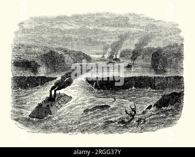 Eine alte Gravur eines Marineschiffs der Union, das während des Amerikanischen Bürgerkriegs 1864 durch den Bailey's Dam, einen Holzdamm am Red River bei Alexandria, Louisiana, USA, fuhr. Es stammt aus einem amerikanischen Geschichtsbuch aus dem Jahr 1895. Erbaut während der Red River Campaign, entworfen von Oberstleutnant Joseph Bailey, erlaubte es den Mississippi River Squadron Booten flussabwärts über die Alexandria Stromschnellen (wie hier gezeigt). In der 150 Meter hohen Mittelspalte des Fels-Holz-Damms wurden vier Kohlekähne im Flussbett verankert. Der Damm wurde durchbrochen, als ein Lastkahn aus dem Weg gezogen wurde, um flussabwärts vorbeifahren zu können. Stockfoto