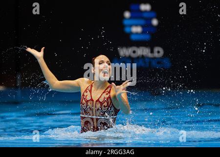 Fukuoka, Japan. 14. Juli 2023: Oriane Jaillardon aus Frankreich tritt am ersten Tag während der Wasserweltmeisterschaft 2023 in Fukuoka in der Marine Messe Fukuoka, Halle B in Fukuoka, Japan, an der Frauentechnik für Solo an. 14. Juli 2023. (Foto: Nikola Krstic/Alamy) Stockfoto