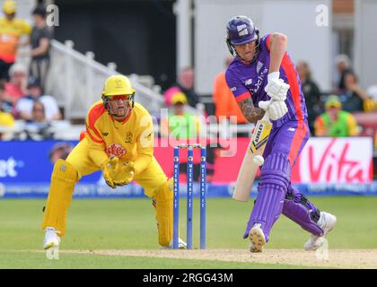 Nottingham, Großbritannien. 09. Aug. 2023. 9. August 2023 - Trent Bridge Cricket Ground, Nottingham. Veranstaltung: The 100 Cricket: Nottingham Rockets gegen Northern Supercharger. Bildunterschrift: Kales Moore (Southern Brave) schlägt. Bild: Mark Dunn/Alamy Live News (Sport) Kredit: Mark Dunn Photography/Alamy Live News Stockfoto