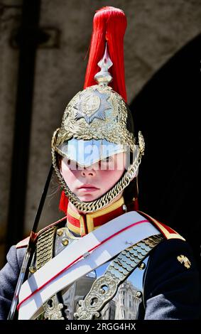 Soldatin, Blues und Royals, Haushaltskavallerie, Horse Guards Parade, Whitehall, London, UK Stockfoto