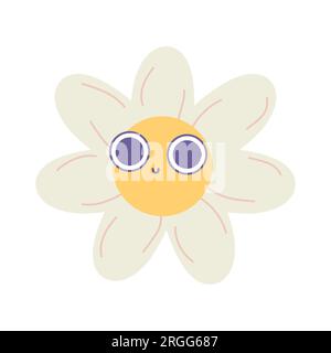 Groovy Gänseblümchen-Smiley. Vektordarstellung flach auf weißem isoliertem Hintergrund Stock Vektor