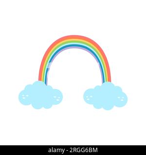 Groovy Regenbogen mit Wolken. Vektordarstellung flach auf weißem isoliertem Hintergrund Stock Vektor