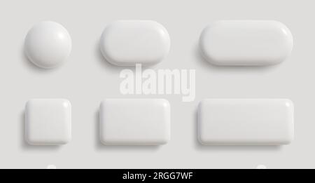 Weiße monochrome 3D-Tasten in verschiedenen Formen. Leere, glänzende runde, quadratische und rechteckige Embleme. Vektordarstellung Stock Vektor