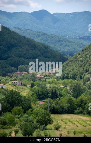 Umgeben von steilen bewaldeten Berghängen und auf dem Talboden des Valle Ombrosa (Schattental) mit Olivenhainen und Landwirtschaft liegt das Dorf Posa Stockfoto