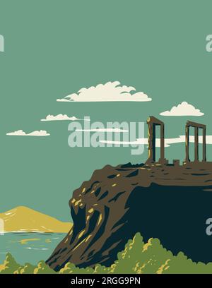 WPA-Posterkunst von Kap Sounion mit Tempel der Poseidon-Ruinen und Patroklos Insel in Attika im Sounio National Woodland Park Griechenland in Arbeit gemacht Stockfoto