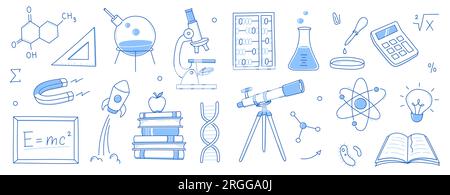 Doodle Science, eine Ikone der Schule. Handgezeichnete Skizzen bilden den wissenschaftlichen Hintergrund. Schulchemie, Physikunterricht, Biologiekonzeptsymbol. Darstellung des von Hand gezeichneten Linienvektors. Stock Vektor