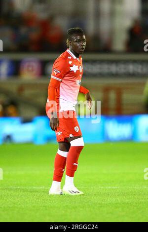 Oakwell Stadium, Barnsley, England - 8. August 2023 Fabio Jalo (12) of Barnsley - während des Spiels Barnsley gegen Tranmere Rovers, EFL Cup, 2023/24, Oakwell Stadium, Barnsley, England - 8. August 2023 Kredit: Arthur Haigh/WhiteRosePhotos/Alamy Live News Stockfoto