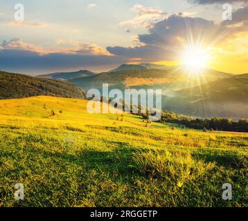 heuhaufen auf dem landwirtschaftlichen Feld in der Nähe des Waldes bei Sonnenuntergang. Ländliche Landschaft am Fuße des Berges. Wunderschöne Landschaft am Abend Stockfoto