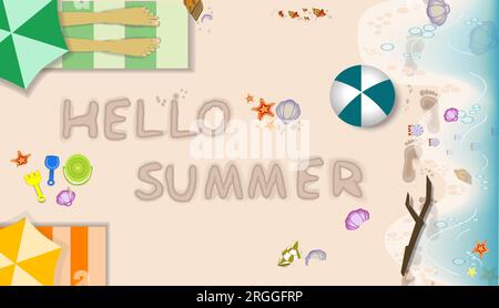 Hallo Sommer mit Freizeitbanner Hintergrund am Sandstrand aus der hohen Perspektive Stock Vektor