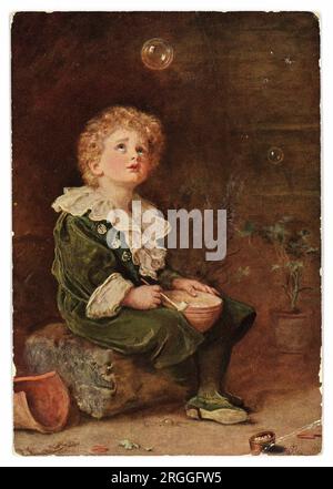 Ursprüngliche Postkarte aus den 1900er Jahren für Pear's Soap - Illustration eines engelhaften viktorianischen Kindes viktorianischer Junge, Blasen mit Tonpfeife wurde von einem 1886 Gemälde von Sir John Everett Millais entnommen, das ursprünglich mit dem Titel A Child's World, aber benannte sich Bubbles um, nachdem es für die berühmte Pear's Soap Werbung in Birnen verkauft wurde. Unten rechts im Bild ist ein Stück Birnenseife zu sehen. Dieses Gemälde wurde zu einem der am meisten reproduzierten Werbebilder aller Zeiten. Es zeigt Millais’ vierjährigen Enkel William Milbourne James. Millais war das jüngste Mitglied der British Royal Academy. GROSSBRITANNIEN Stockfoto
