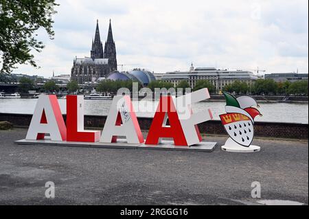 Köln, Deutschland. 09. Aug. 2023. Die 2 m lange Schriftgröße Alaaf steht am Rheinufer vor dem Rhein und dem Kölner Dom als Geschenk des Kölner Karnevalskomitees zum 200. Jahrestag des Karnevals. Alaaf ist weltberühmt als traditionelles Kölner Ausrufezeichen und ein echtes Markenzeichen der rhenischen Lebensfreude. Kredit: Horst Galuschka/dpa/Alamy Live News Stockfoto