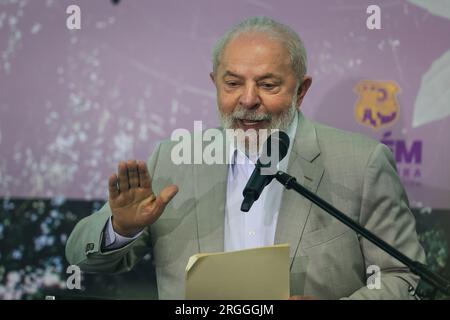 Belem, Brasilien. 09. Aug. 2023. Luiz Inacio Lula da Silva, Präsident Brasiliens, spricht auf einer Pressekonferenz zum Abschluss des Amazon Leaders Summit. Kredit: Filipe Bispo/dpa/Alamy Live News Stockfoto