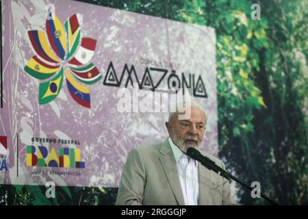 Belem, Brasilien. 09. Aug. 2023. Luiz Inacio Lula da Silva, Präsident Brasiliens, spricht auf einer Pressekonferenz zum Abschluss des Amazon Leaders Summit. Kredit: Filipe Bispo/dpa/Alamy Live News Stockfoto