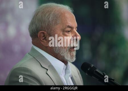 Belem, Brasilien. 09. Aug. 2023. Luiz Inacio Lula da Silva, Präsident Brasiliens, spricht auf einer Pressekonferenz zum Abschluss des Amazon Leaders Summit. Kredit: Filipe Bispo/dpa/Alamy Live News Stockfoto