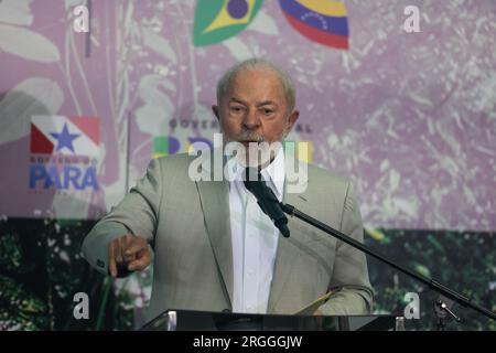 Belem, Brasilien. 09. Aug. 2023. Luiz Inacio Lula da Silva, Präsident Brasiliens, spricht auf einer Pressekonferenz zum Abschluss des Amazon Leaders Summit. Kredit: Filipe Bispo/dpa/Alamy Live News Stockfoto