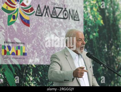 Belem, Brasilien. 09. Aug. 2023. Luiz Inacio Lula da Silva, Präsident Brasiliens, spricht auf einer Pressekonferenz zum Abschluss des Amazon Leaders Summit. Kredit: Filipe Bispo/dpa/Alamy Live News Stockfoto