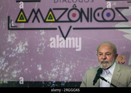 Belem, Brasilien. 09. Aug. 2023. Luiz Inacio Lula da Silva, Präsident Brasiliens, spricht auf einer Pressekonferenz zum Abschluss des Amazon Leaders Summit. Kredit: Filipe Bispo/dpa/Alamy Live News Stockfoto