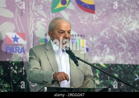 Belem, Brasilien. 09. Aug. 2023. Luiz Inacio Lula da Silva, Präsident Brasiliens, spricht auf einer Pressekonferenz zum Abschluss des Amazon Leaders Summit. Kredit: Filipe Bispo/dpa/Alamy Live News Stockfoto