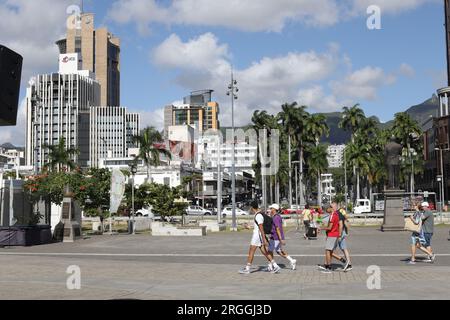 Le Caudan Waterfront ist ein kommerzielles Gebäude in Port Louis, der Hauptstadt von Mauritius. Stockfoto