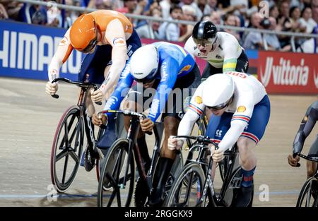 GLASGOW - Harrie Lavreysen in Aktion mit Keirin während der Radsport-Weltmeisterschaft. Die schottische Stadt wird vom 3. Bis 13. August Schauplatz einer Weltmeisterschaft mit mehreren Radsportarten sein. ANP ROBIN VAN LONKHUIJSEN Stockfoto