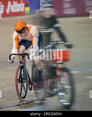 GLASGOW - Harrie Lavreysen in Aktion mit Keirin während der Radsport-Weltmeisterschaft. Die schottische Stadt wird vom 3. Bis 13. August Schauplatz einer Weltmeisterschaft mit mehreren Radsportarten sein. ANP ROBIN VAN LONKHUIJSEN Stockfoto