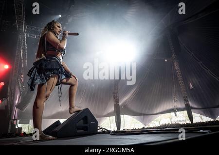 Roskilde, Dänemark. 29., Juni 2023. Der amerikanische Rapper Latto führt während des dänischen Musikfestivals Roskilde Festival 2023 in Roskilde ein Live-Konzert auf. (Foto: Gonzales Photo - Thomas Rasmussen). Stockfoto