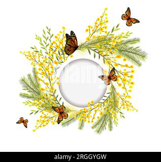 Gelbe Mimosa, Blüten gelber Flecken, Spritzer. Frühlingskranz der hellsten gelben Blumen. Hallo Frühling Stock Vektor