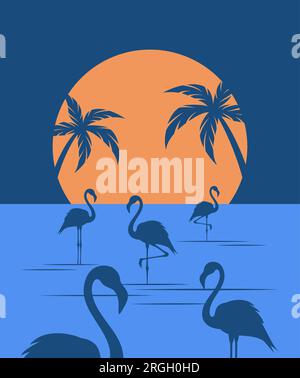 Silhouetten von Flamingos im Wasser im Hintergrund des Sonnenuntergangs. Abbildung eines flachen Vektors Stock Vektor