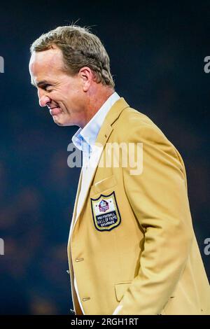 Canton, Ohio, USA. 4. Aug. 2023. Ehemaliger NFL-Quarterback Peyton Manning beim 2023 Hall of Fame Enshrinees' Gold Jacket Dinner im Canton Memorial Civic Center. (Kreditbild: © Debby Wong/ZUMA Press Wire) NUR REDAKTIONELLE VERWENDUNG! Nicht für den kommerziellen GEBRAUCH! Stockfoto