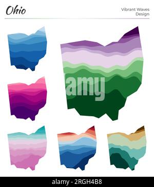 Set von Vektorkarten von Ohio. Lebendiges Wellendesign. Helle Karte des US-Bundesstaates in Form geometrischer glatter Kurven. Bunte Ohio Karte für dein Design. Stock Vektor